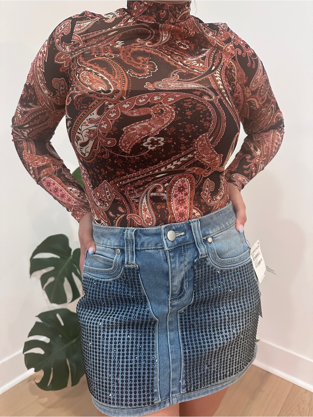 SHEIN Brown and Rust Paisley High-Neck Long Sleeve Top